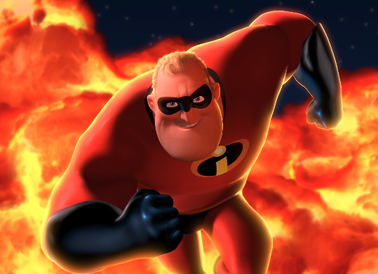 Mr. Incredible, the iconic superhero from Pixar’s The Incredibles, captured in an action pose amidst flames, showcasing the film's dynamic animation and heroic themes.